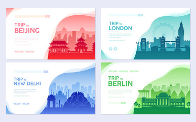 Travel information cards. Landscape template of flyear, magazines, posters, book cover, banners. Country of England, China, Germany, India, Japan, and set. Layout city pages