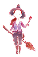 Little witch with broom and magic wand, watercolor