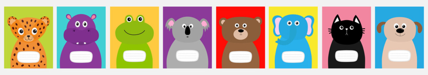 Notebook cover set line. Cat, dog, jaguar, hippopotamus, elephant, bear frog koala. Zoo animal face Cute cartoon character set Baby children education. Flat design White background