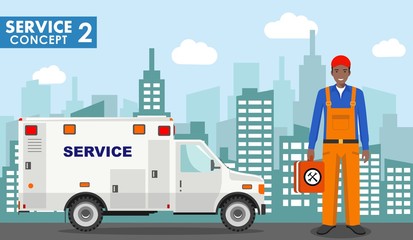 Repair service concept. Detailed illustration of service machine and master repairer on background with cityscape in flat style. Vector illustration.