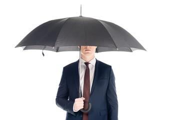 stylish businessman with obscure face holding umbrella isolated on white