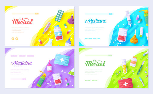 Medicine Information. Medical Brochure Card Set. Clinical Template Of Flyear, Web Banner, Ui Header, Enter Site. Layout Invintation Modern Slider