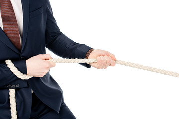 cropped view of businessman pulling rope isolated on white