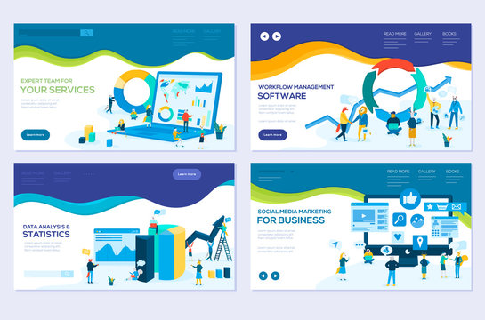 illustration of data analysis, management app, consulting, social media marketing modern vector concepts. Set of web page design templates. Banners website and mobile website development
