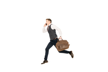 hurry businessman running with bag while talking on smartphone isolated on white