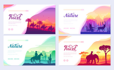 Different riders of the world vector brochure cards set. Colorful landscape template of flyear, web banner, ui header, enter site. Invitation concept background. Layout illustration modern slider page