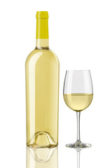 white wine bottles and glass on white background