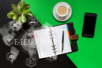 Black green office desk table with blank notebook, computer keyboard and other office supplies,business layout. Top view with copy space, flat lay.