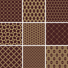 Set of vector seamless geometric patterns for your designs and backgrounds. Geometric abstract brown and golden ornament. Modern ornaments with repeating elements
