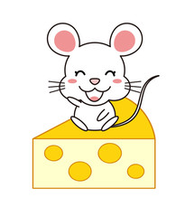 チーズの上に座り手を振るねずみさん