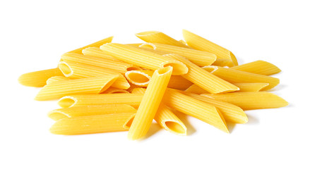 Delicious pasta or penne noodles, isolated on white background. Top view scene, healthy eating or healthy lifestyle. Penne pasta or macaroni, italian cuisine.