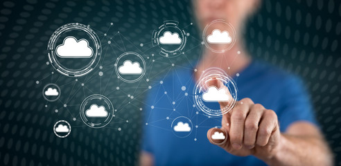 Man touching cloud networking concept