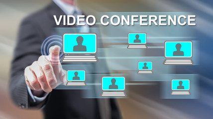 Man touching video conference concept