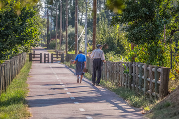 View of eco pedestrian / cycle lane, with couple of senior farmers, walking and carrying agricultural tools - obrazy, fototapety, plakaty