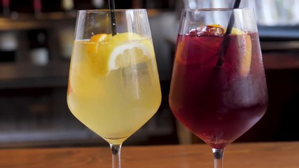 two glasses of sangria, close-up, red wine white vine cocktail - Powered by Adobe