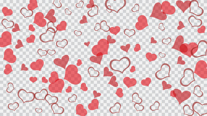 Red on Transparent fond Vector. Romantic background. Red hearts of confetti crumbled. The idea of wallpaper design, textiles, packaging, printing, holiday invitation for birthday.