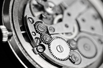 Mechanism of wrist watches in the clear. Shallow depth of field