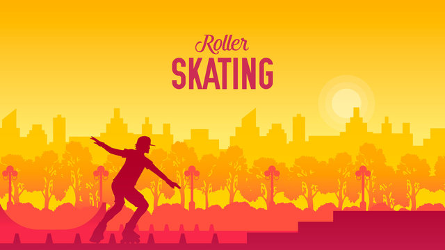 Roller skating in the city park vector illustration. Sport lifestyle design concept. Setting of laces on black roller