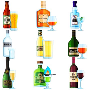 Big Set of Different Bottles of Alcohol Drinks with Glass. Beer, Cognac, Gin, Vodka, Cidre, Brandy, Champagne, Absinthe, Wine.