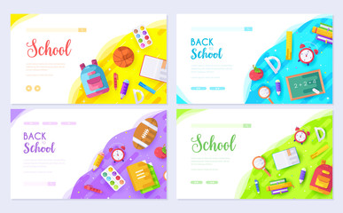 Back to school brochure card set. Student template of flyear, web banner, ui header, enter site. College education layout invintation modern slider