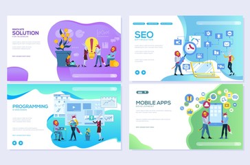 Set of mobile website development, SEO, apps, business solutions. Web page vector illustration design templates. Edit and customize modern concepts