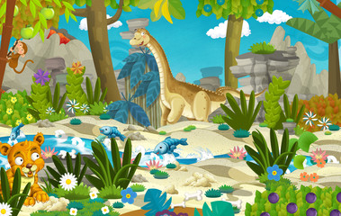 Cartoon scene with dinosaur diplodocus in the jungle near the river and volcano in the background - illustration for children © honeyflavour