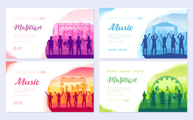 Musical festival on outdoor air park. The musical group performs song brochure card set. Lifestyle template of flyear, web banner, ui header, enter site. Layout invintation modern slider