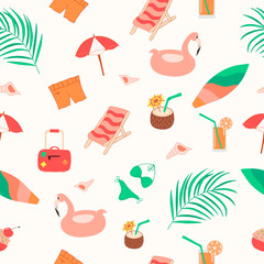 Cute summer seamless pattern with flamingo, tropical palm leaf, cocktails, surf and beach umbrella. Picnic party vector elements.