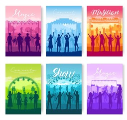 Musical festival on outdoor air park vector brochure cards set. The musical group performs song template of flyer, magazines, poster, books, banners. lifestyle invitation concept. Layout modern page