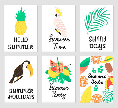 Set of cute summer greeting cards. Fruits, cocktail, tropical leaves, toucan, parrot, pineapple poster. Party or sale templates. Sunny days vector elements