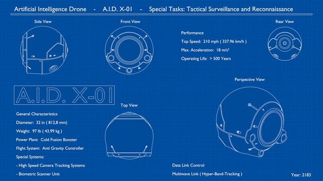 Futuristische Drohne - &Uuml;berwachung und Aufkl&auml;rung - Technische Animation Blaupause