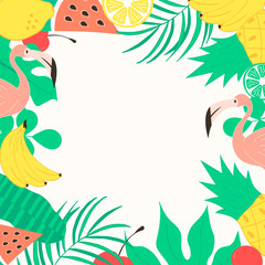 Fototapeta na wymiar Cute hello summer fruit and flamingo frame with palm tropical leaves. Beach party border. Vector elements.