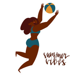 Hand drawn illustration of happy diverse cartoon women doing summer activites made in minimal flat style isolated on white.