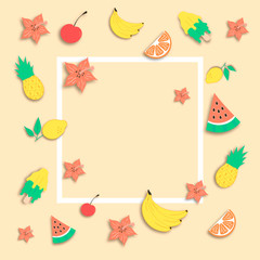 Cute hello summer fruit border with flowers, pineapple, watermelon. Beach party decoration frame. Vector elements.