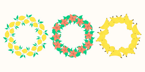 Set of cute summer lemon, banana and flourish frames with juicy fruits and flowers. Party border. Vector elements.