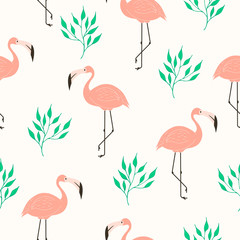 Cute flamingo and tropical leaves seamless pattern. Hello summer exotic texture. 