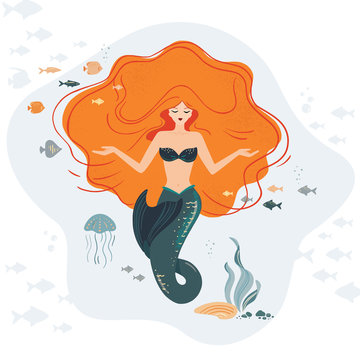 MERMAID LIFE Cartoon Travel Tropical Vector Illustration Set for Print, Fabric and Decoration. Vector illustration. Perfect for print design for textile, poster, greeting card, invitation.