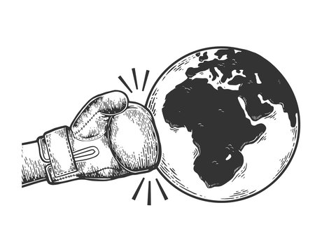 Hand in boxing glove hits Earth planet engraving vector illustration. Apocalyptic war metaphor. Scratch board style imitation. Black and white hand drawn image.