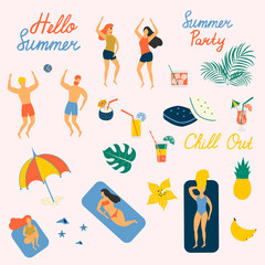 Hello Summer vector illustration. Enjoying people chilling, playing, sunbathing and relaxing near the sea or ocean with tropical leaves, cocktails at the beach.