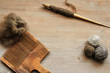 Flatlay background with old female craft instruments