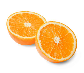Two halves of fresh juicy orange on a white isolated background. Close-up. Top side view.