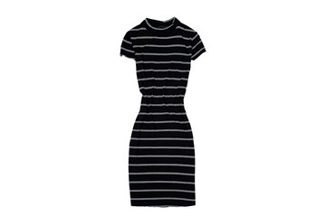 Black striped dress isolate on white background, flat lay.