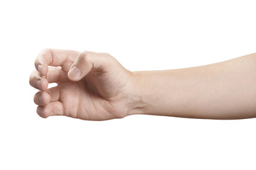 Male hand holding something, isolated on white background