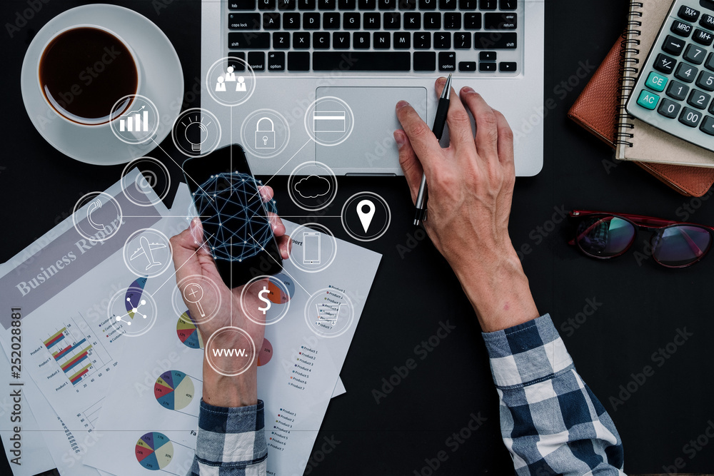 Poster businessman hand using smart phone with digital marketing via multi-channel communication network on