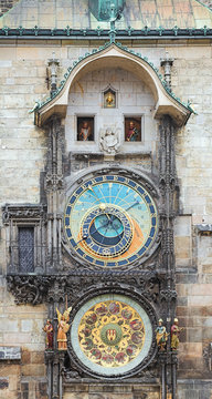 Prague Orloj, a medieval astronomical clock mounted on the southern wall of Old Town Hall at Old Town Square of Prague, Czech Republic. The first recorded mention of the clock was on October 9, 1410.