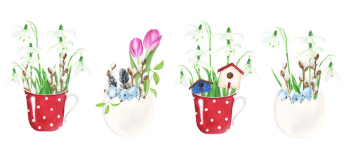 Easter compositions with watercolor illustrations: feathers of bird, eggs, tulips, branches of willow and other decoration.