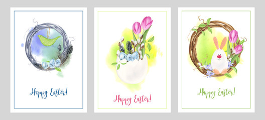 Watercolor Template set with Easter cards. Cards with watercolor illustrations: feathers of bird, eggs, tulips, branches of willow, wreaths and other decoration.