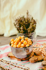 Dried and boiled chickpeas. Vegetarian protein. Dry thyme sprigs in a jar. Healthy lifestyle and balanced food concept. Selective focus.