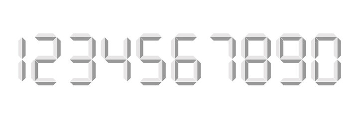 Grey 3D-like digital numbers. Seven-segment display is used in calculators, digital clocks or electronic meters. Vector illustration