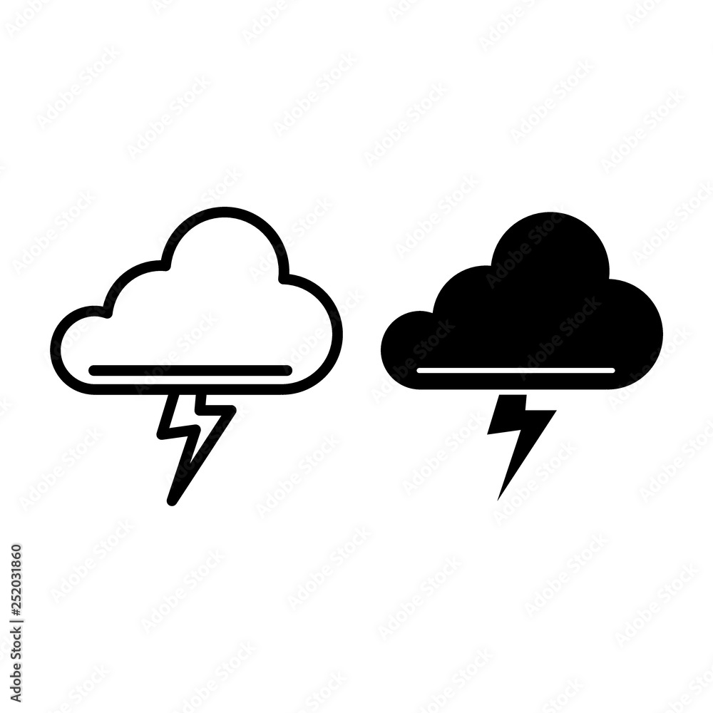 Poster cloud and thunderstorm line and glyph icon. lightning bolt in cloud vector illustration isolated on 